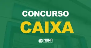 Fachada de uma agência da Caixa Econômica Federal com texto sobre a imagem Concurso Caixa