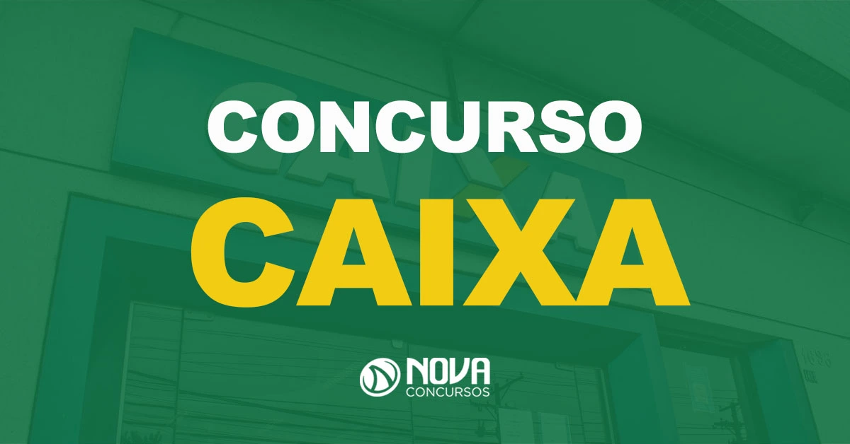 Fachada de uma agência da Caixa Econômica Federal com texto sobre a imagem Concurso Caixa