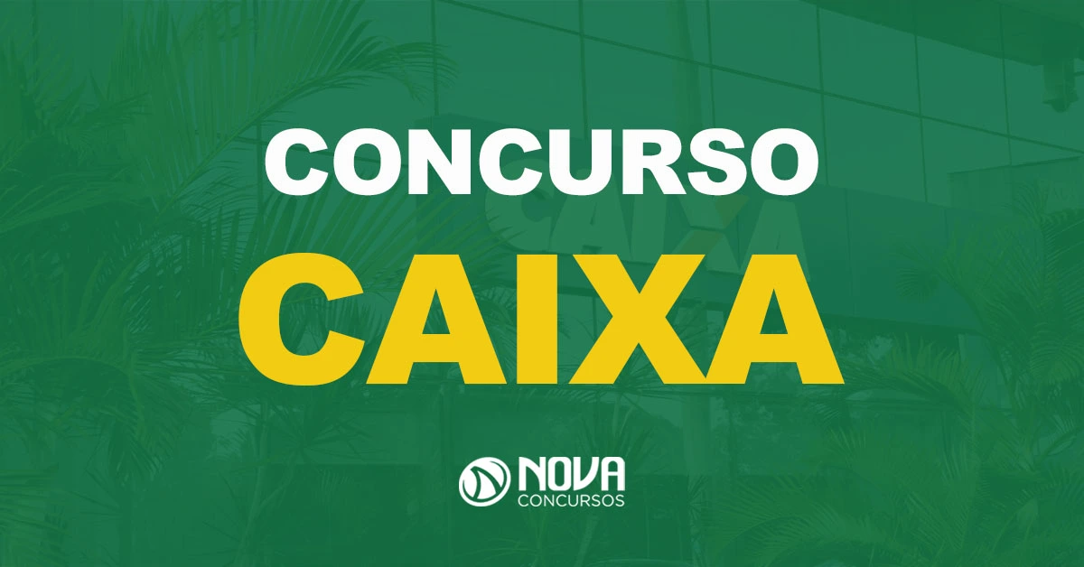 Fachada de uma agência da Caixa com texto sobre a imagem Concurso Caixa