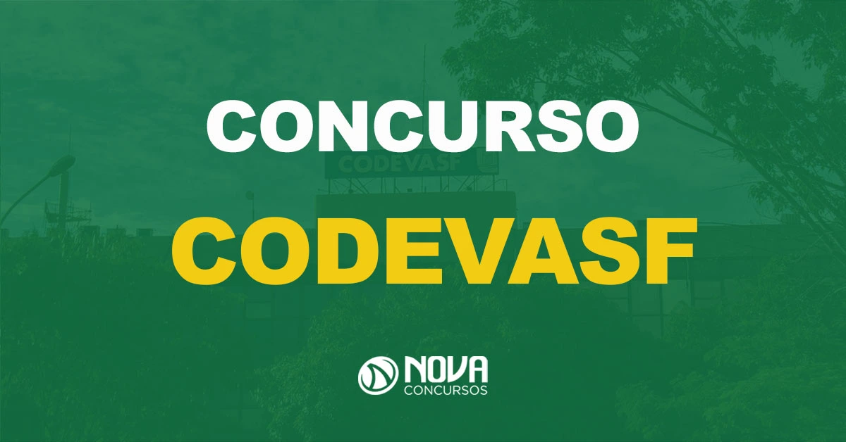 Árvores em primeiro plano com prédio da Codevasf ao fundo com texto sobre a imagem Concurso Codevasf