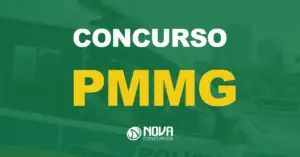 Servidor da PMMG uniformizado em viatura da coorporação com texto sobre a imagem concurso PMMG