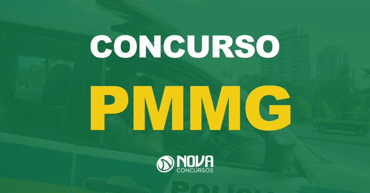 Servidor da PMMG uniformizado em viatura da coorporação com texto sobre a imagem concurso PMMG