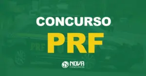 Carro da polícia rodoviária federal na estrada com carros com texto sobre a imagem Concurso PRF