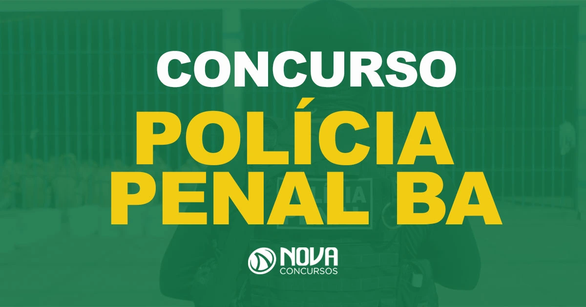 Polícial Penal fardado em frente a cela de prisão com presidiários dentro e texto sobre a imagem Concurso Polícia Penal BA