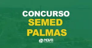 Vista aérea beira rio da cidade de Palmas com árvores ao redor e texto sobre a imagem Concurso SEMED Palmas e logo