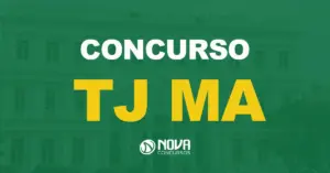 Prédio do forúm do Tribunal de Justica do Maranhão na cor branca com texto sobre a imagem concurso TJ MA e logo