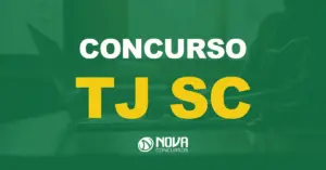 Uma mulher escrevendo em um laptop no escritório com texto sobre a imagem Concurso TJ SC