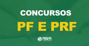 Uma pessoa segura um lápis e preenche um gabarito para um concurso geral com texto sobre a imagem Concursos PF e PRF