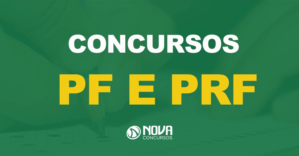 Uma pessoa segura um lápis e preenche um gabarito para um concurso geral com texto sobre a imagem Concursos PF e PRF