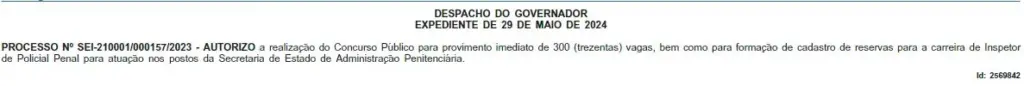 Despacho do governador que autoriza 300 vagas imediatas para o concurso Polícia Penal RJ