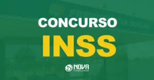 Fachada do prédio da previdência social com texto sobre a imagem Concurso INSS