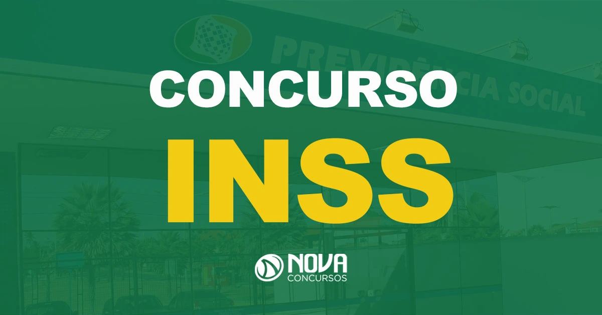 Fachada do prédio da previdência social com texto sobre a imagem Concurso INSS