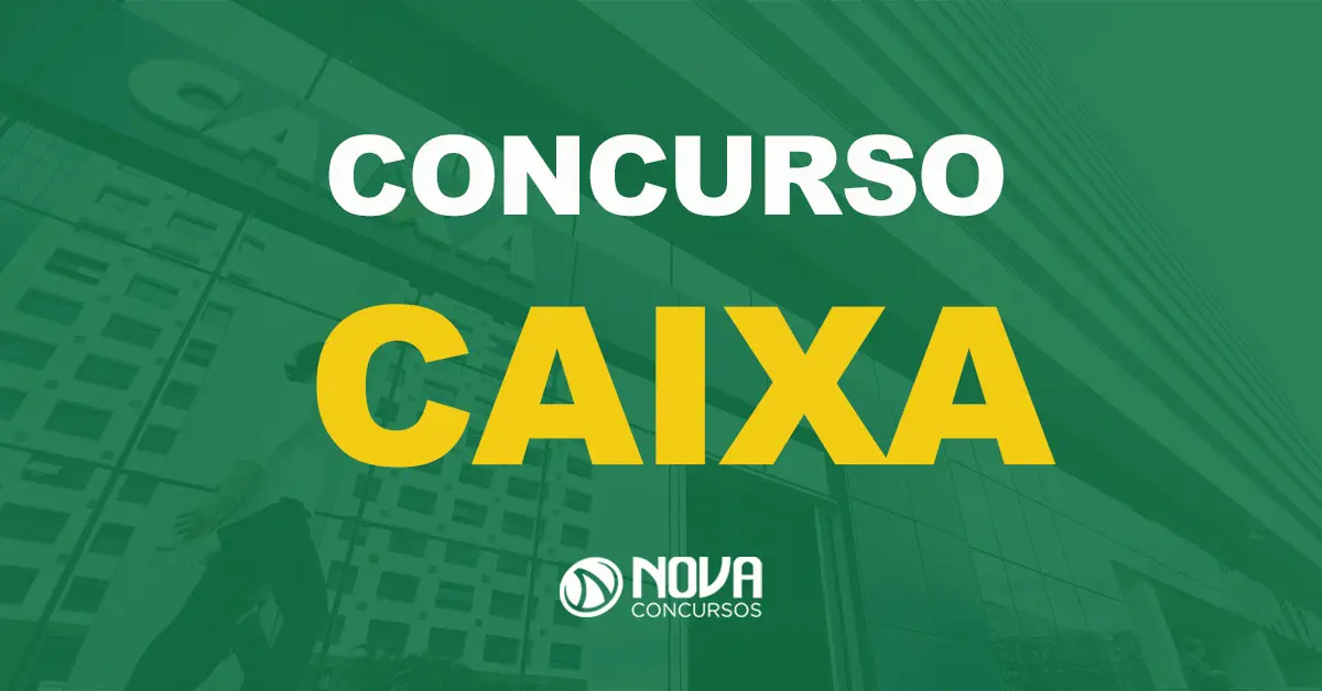 Uma das agências da Caixa com uma mulher caminhando em frente e texto sobre a imagem Concurso Caixa