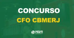 CFO CBMERJ escrito no fundo verde. Carro dos bombeiros com dois militares fardados.