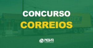 caminhão sedex esperando encomendas em uma agência dos correios com texto sobre a imagem escrito concurso correios