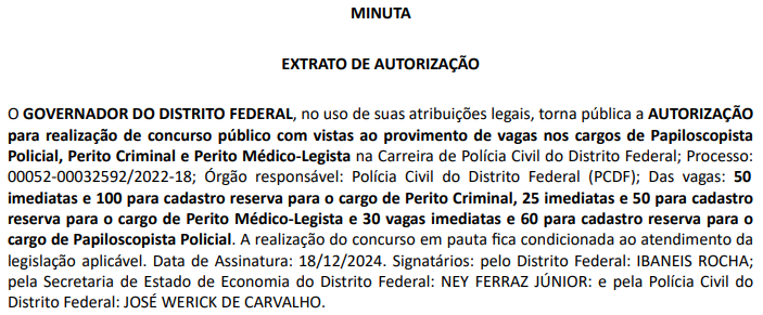 Extrato de autorização do Concurso PCDF.