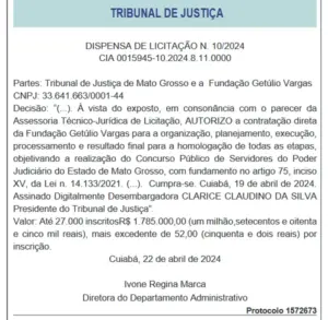 dispensa de licitacao fgv concurso tjmt