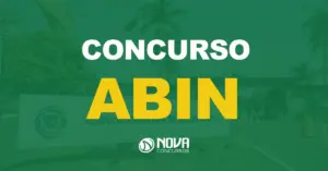 Portaria de entrada da Agência Brasileira de Inteligência com letreiro em frente e texto sobre a imagem Concurso Abin