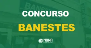 Fachada de uma agência do Banestes com várias pessoas em frente com texto sobre a imagem Concurso Banestes