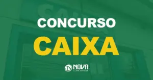 Fachada de uma agência bancária da Caixa Econômica Federal com texto sobre a imagem Concurso Caixa