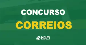 Fachada do prédio com a logo dos Correios com texto sobre a imagem Concurso Correios