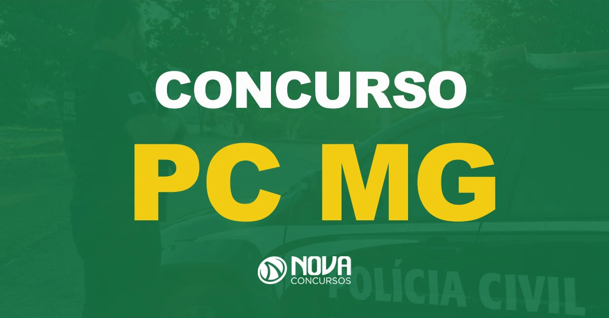 Um policial civil armado vestindo um colete à prova de balas ao lado de uma viatura com texto sobre a imagem Concurso PC MG