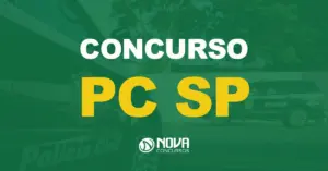 Duas viaturas da Polícia Civil de São Paulo estacionadas na rua com texto sobre a imagem Concurso PC SP