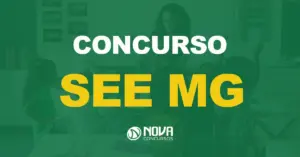 Professora jovem mostra para alunos um modelo de cérebro com texto sobre a imagem Concurso SEE MG