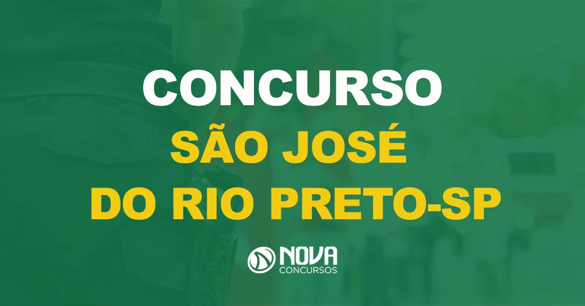 Policial uniformizado com foco em um coldre com uma arma de fogo com texto sobre a imagem Concurso São José do Rio Preto