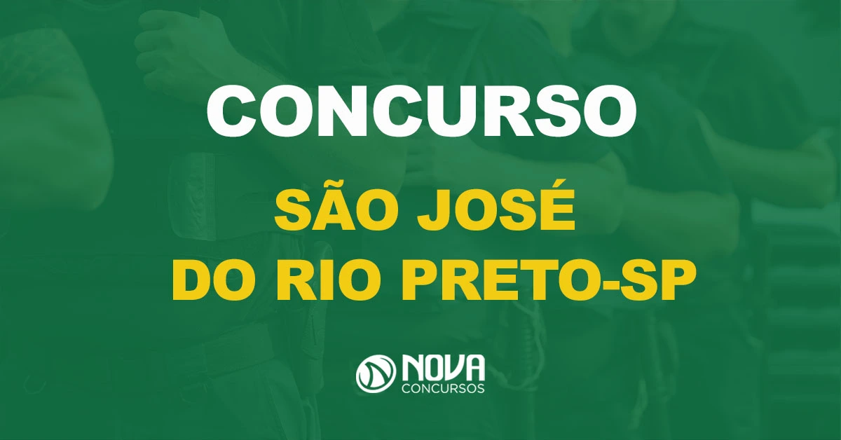 Oficiais da polícia em fila, com equipamentos e armamentos com texto sobre a imagem Concurso São José do Rio Preto