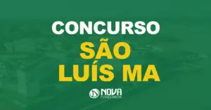 Vista aérea da cidade de São Luís a beira rio com texto sobre a imagem Concurso São Luís MA