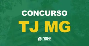 Fachada de um prédio alto com letreiro, emoldurado por árvores verdes e texto sobre a imagem Concurso TJ MG