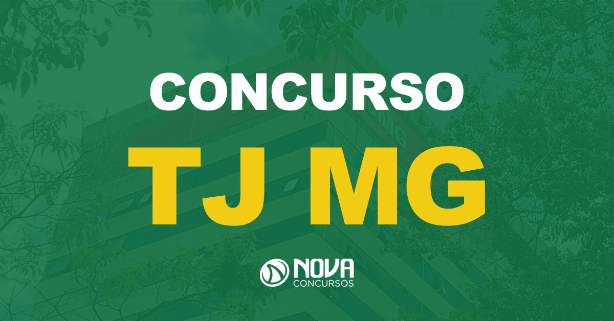 Fachada de um prédio alto com letreiro, emoldurado por árvores verdes e texto sobre a imagem Concurso TJ MG