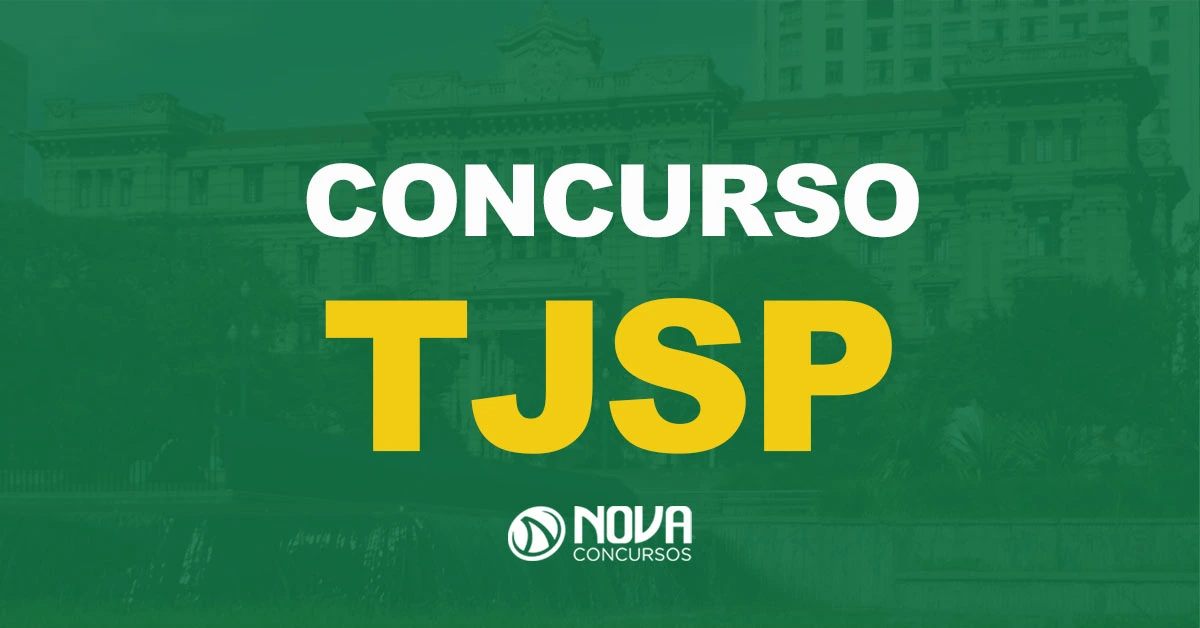 Prédio do Tribunal de Justiça de São Paulo com uma fonte na frente com texto sobre a imagem concurso TJSP