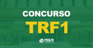 Fachada do Tribunal Regional Federal da 1ª Região com várias janelas verticais e texto sobre a imagem Concurso TRF1