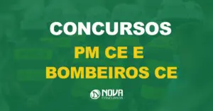 Um grupo de policiais uniformizados de costas com texto sobre a imagem Concursos PM CE e Bombeiros CE