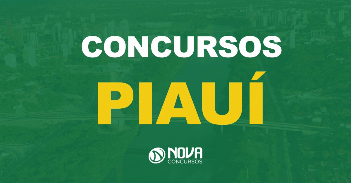 Vista aérea de uma cidade densamente arborizada com um grande rio atravessando-a com texto sobre imagem Concursos Piauí