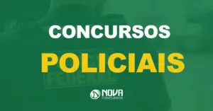 Parte de trás de um Agente da Polícia Federal com colete à prova de balas com texto sobre a imagem Concuros Policiais