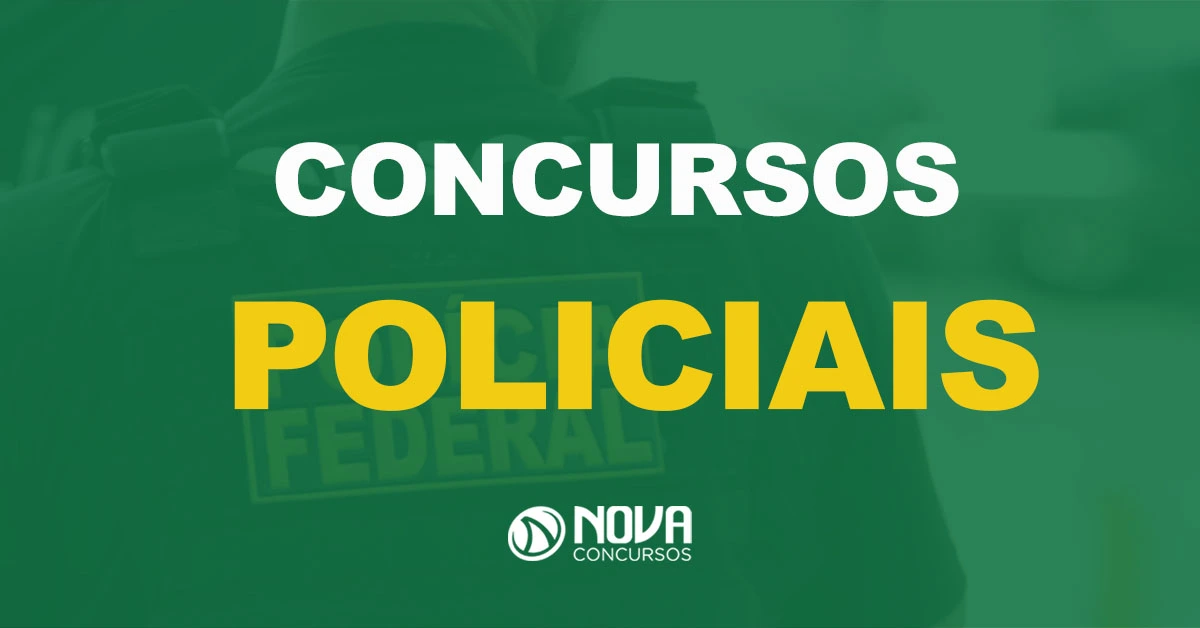 Parte de trás de um Agente da Polícia Federal com colete à prova de balas com texto sobre a imagem Concuros Policiais