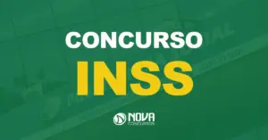 Fachada de um edifício com o letreiro "Previdência Social" em destaque com texto sobre a imagem Concurso INSS