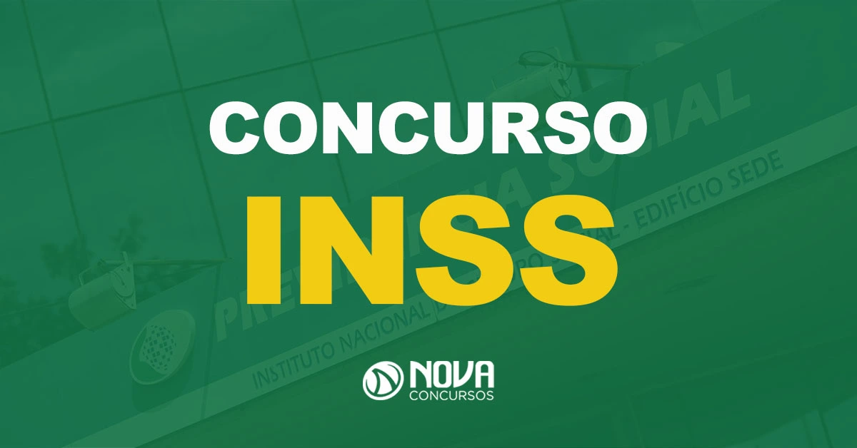 Fachada de um edifício com o letreiro "Previdência Social" em destaque com texto sobre a imagem Concurso INSS