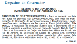 Despacho de autorização do concurso Bombeiros RJ