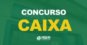 Fachada da agência bancária da caixa com texto sobre a imagem escrito Concurso Caixa