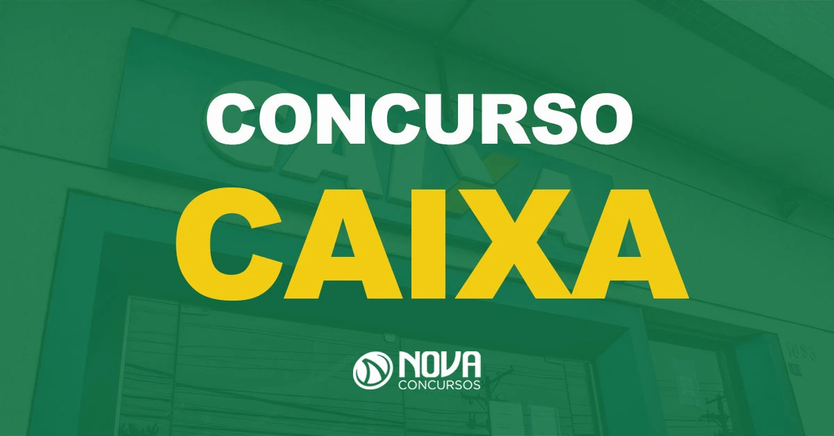 Fachada da agência bancária da caixa com texto sobre a imagem escrito Concurso Caixa