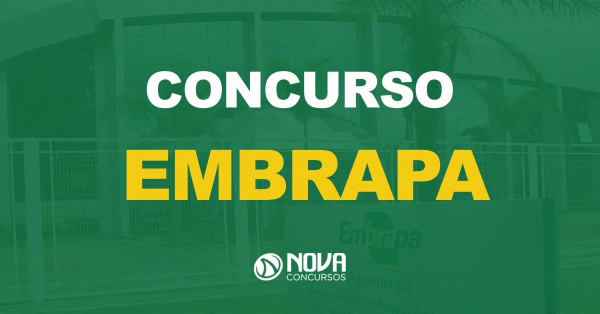 Fachada do Prédio da Embrapa com palmeiras em frente e com texto sobre a imagem Concurso Embrapa