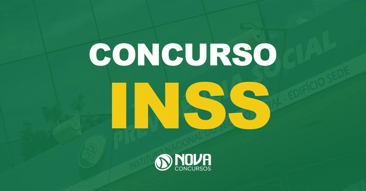 Prédio do Instituto Nacional do Seguro Social com fachada de vidro e texto sobre a imagem Concurso INSS