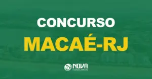 Vista aérea da praia e cidade com montanhas ao fundo e texto sobre a imagem Concurso Macaé RJ