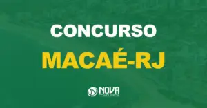 Aérea da orla de uma cidade com prédios residenciais e comerciais com texto sobre a imagem Concurso Macaé RJ