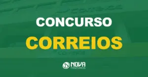 Fachada de uma agência dos correios com texto sobre a imagem escrito Concurso Correios