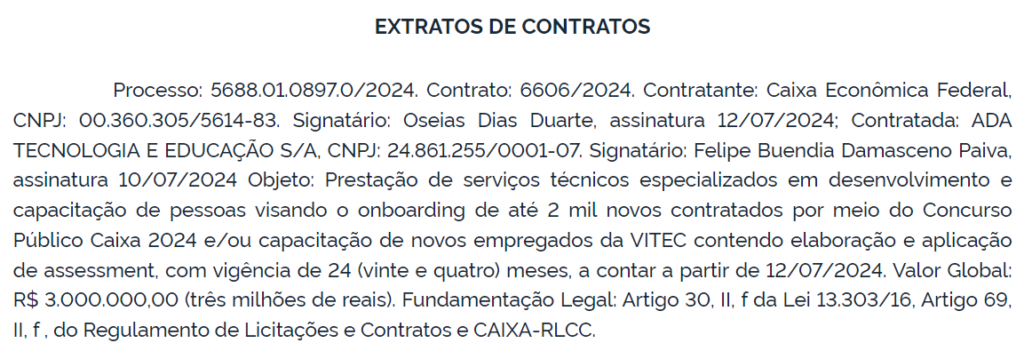Extrato de contrato da convocação dos aprovados no concurso Caixa.